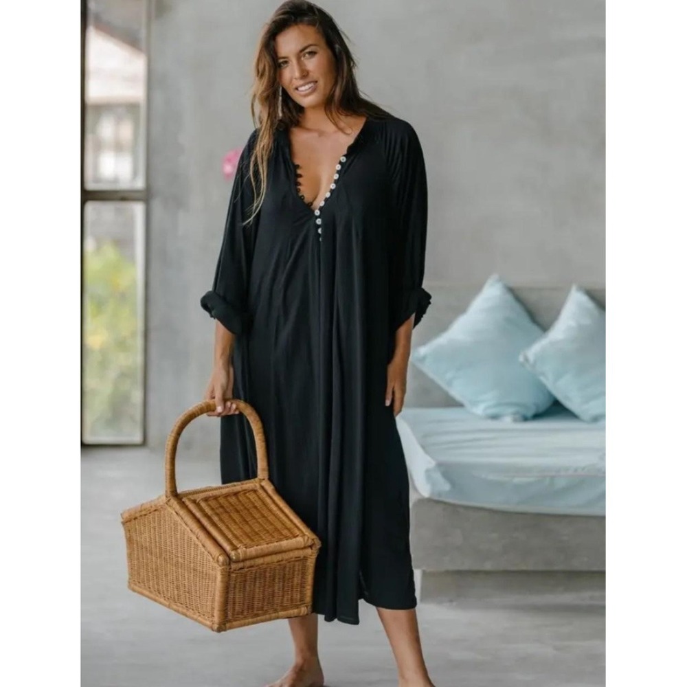 Myrah Penaloza Dress Womens One Size Black Bamboo Kaftan Resortwear Button Midi